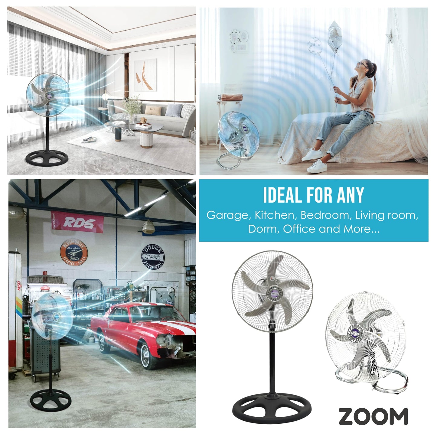 ZOOM 2 Packs 3850CFM 18inch 2in1 Modern Industrial Floor and Stand Fans Aluminum Blades 3 Speeds Oscillation Adjustable Heights for Livingroom, Dining Room, Bedroom, Dorms, Garage and Kitchen