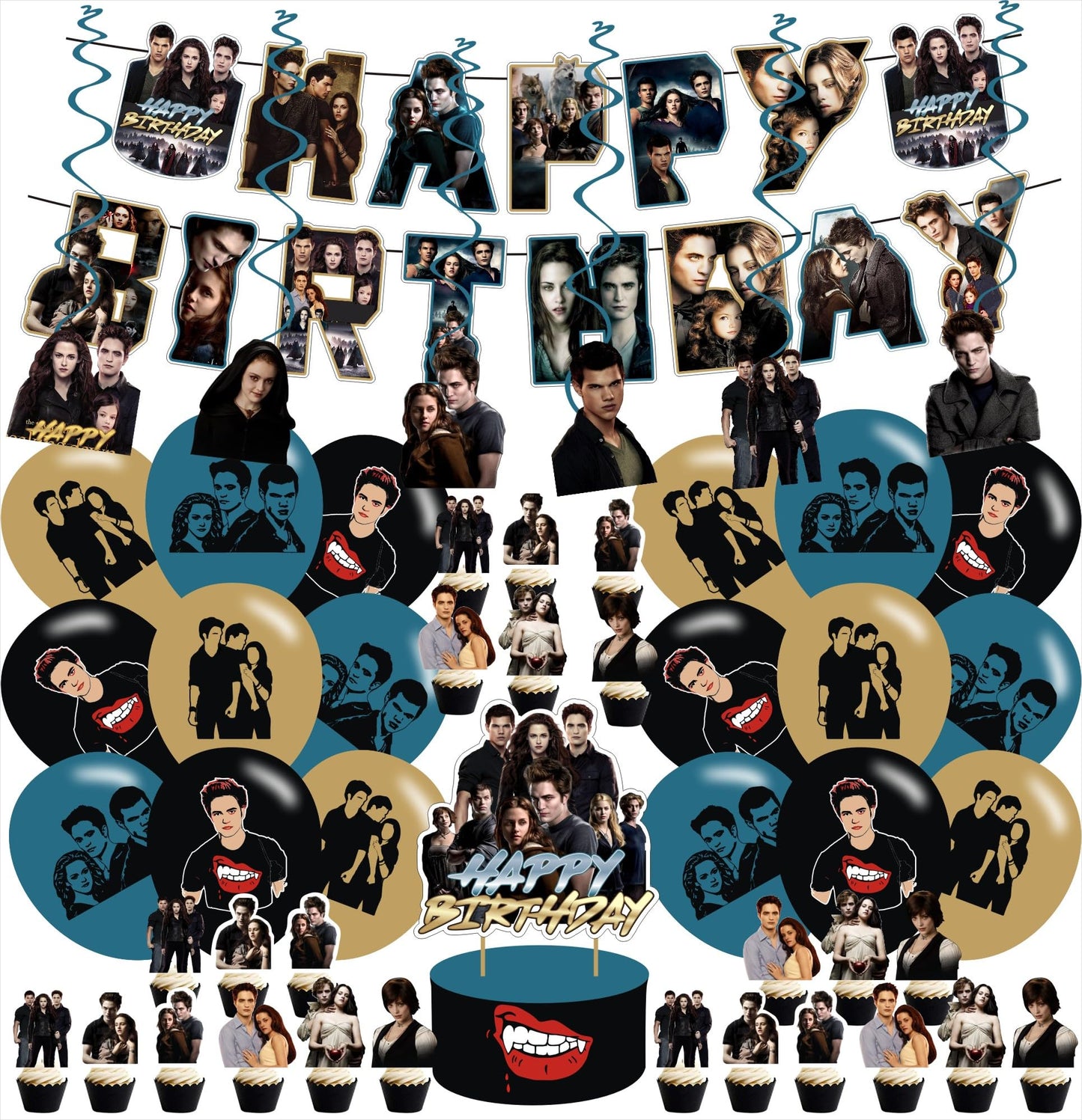 Vampire Party Decoration Include Twilight Saga Birthday Banner , Cake Topper Saga Party Latex Balloons,Swirls for Birthday Vampire Halloween Party Supplies