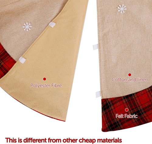 Juegoal 32-Inch Christmas Burlap Tree Skirt - Soft Red & Black Plaid with Gnome Sledding Design