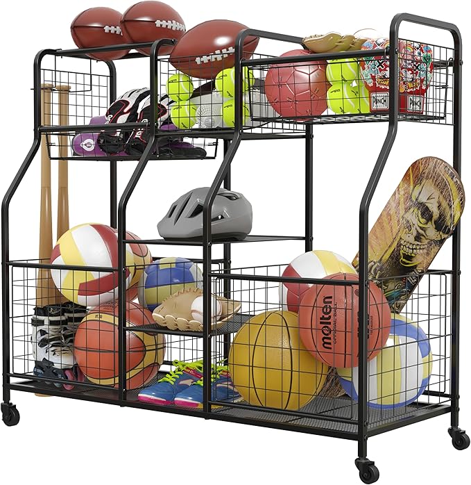 Garage Sports Equipment Organizer - Ball Storage Rack with Elastic Rope or Wire Mesh,Garage Organizer System with Wheels,Indoor/Outdoor Sports Rack for Sports Gear and Toys Storage,Black