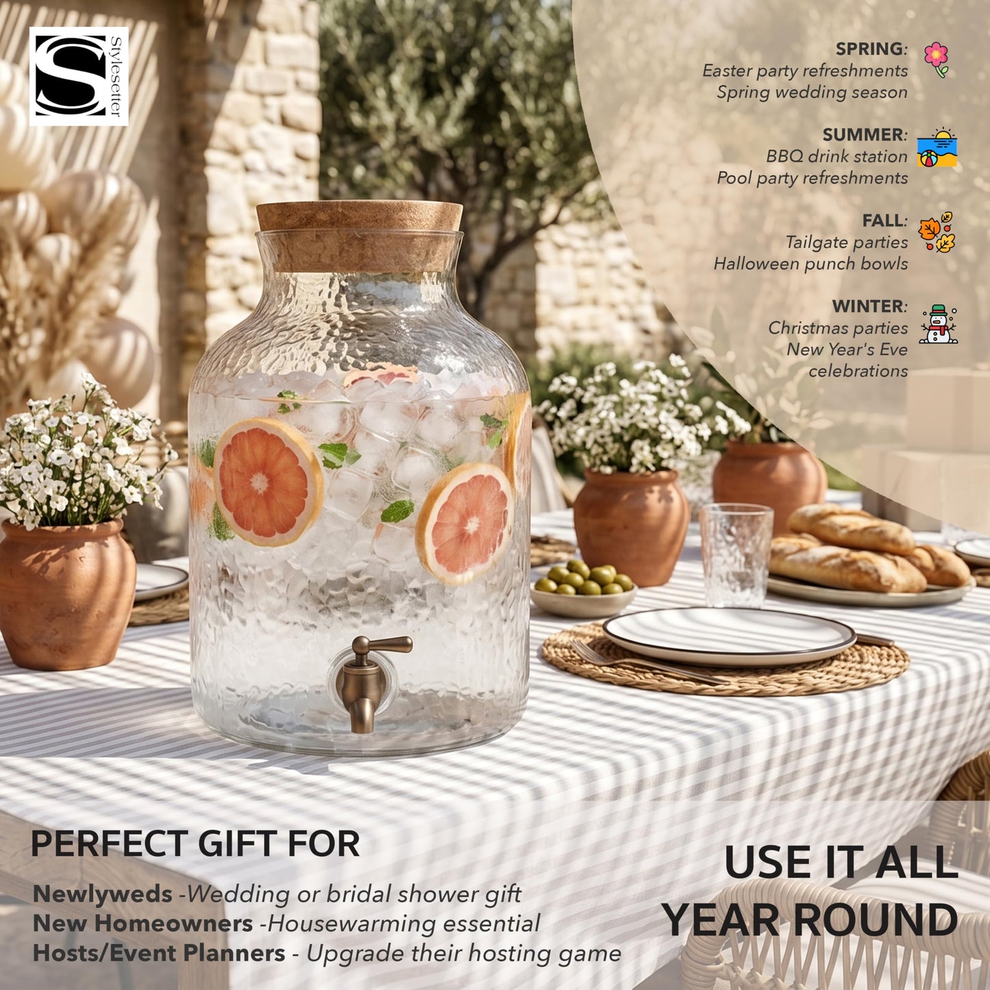 Style Setter Beverage Dispenser Cold Drink Dispenser w/ 2.7 Gallon Capacity Glass Jug, Cork Lid & Leak-Proof Acrylic Spigot, Great for Parties, Weddings & More