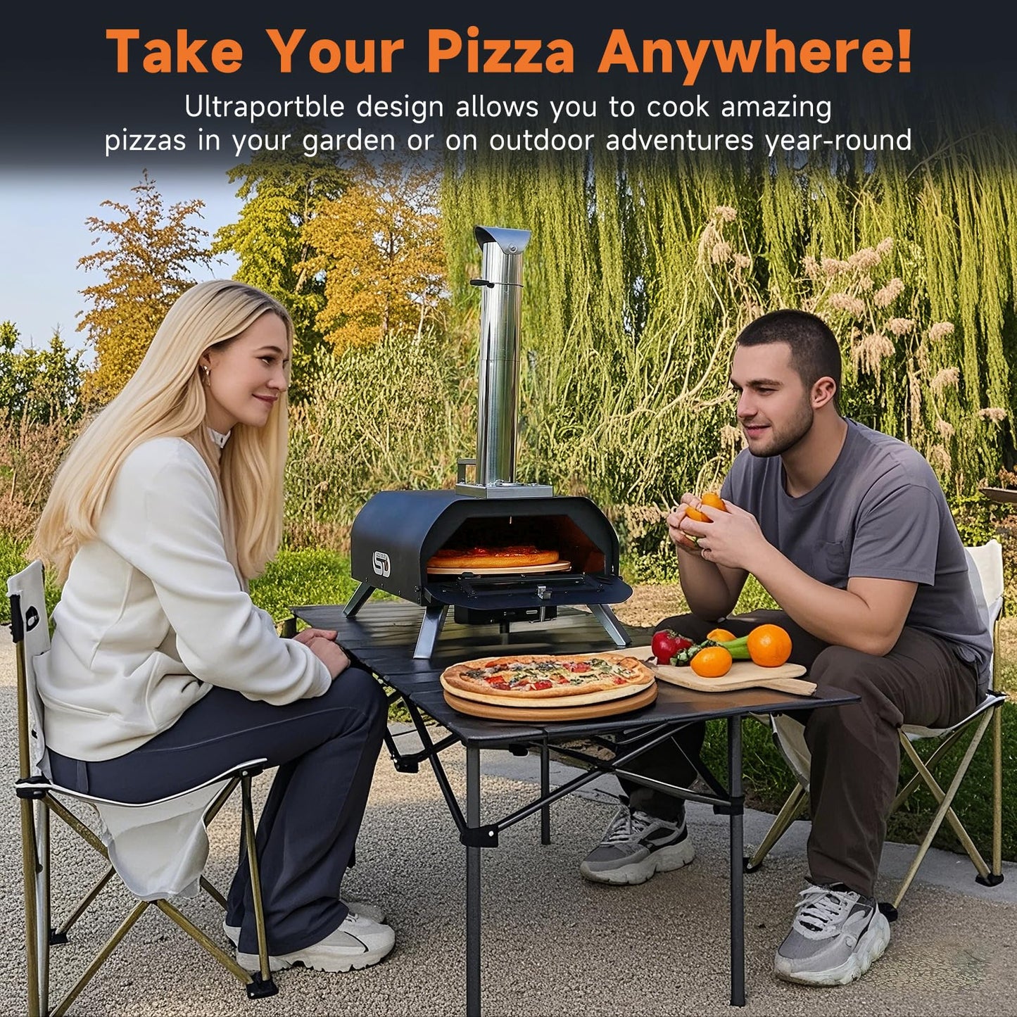 SizzleDelite Outdoor Pizza Oven Wood Pellet 12" Round Pizza Stone, Portable Wood Fired with Built-in Thermometer Pizza Stove, Stainless Steel Pizza Maker for Outside, Backyard, Camping - Black