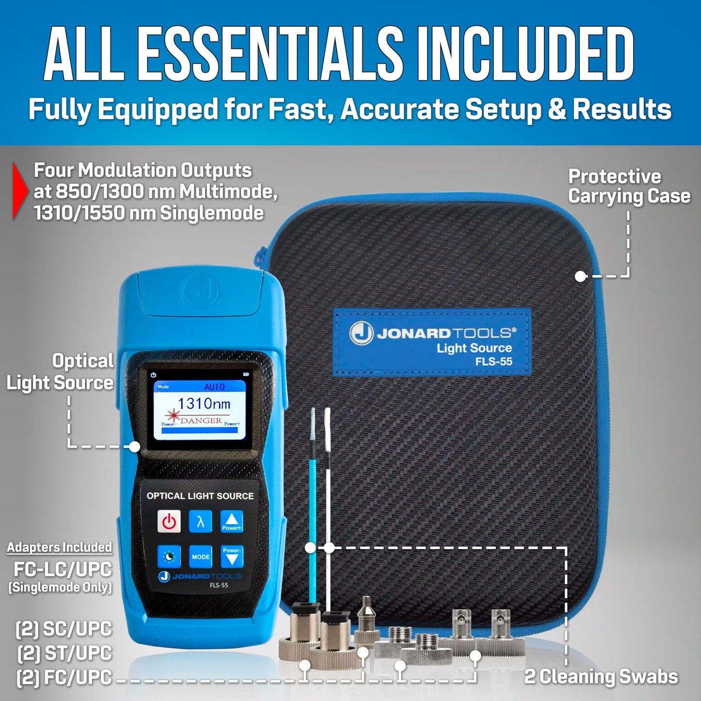 Jonard Tools FLS-55 Multi-Mode & Single-Mode Fiber Optic Light Source with FC/LC/SC (PC/UPC) Adapters (2025 Model)