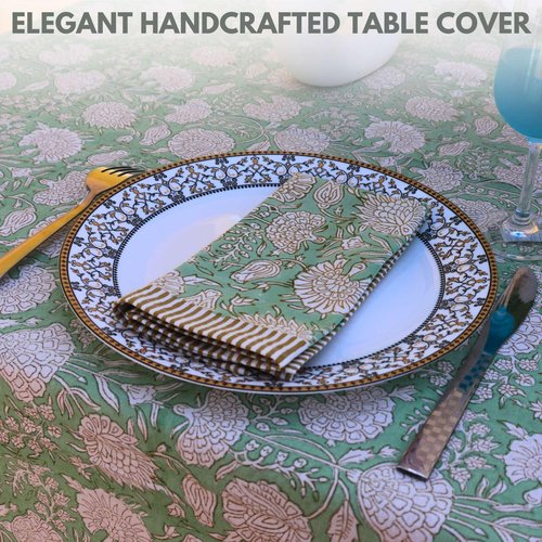 Handblock Print Cotton Tablecloth – 72x135 Rectangle Table Cover Seats 8-10 – Indian Block Printed Floral Dining Table Linen – Boho Washable Cloth for Kitchen, Party, Outdoor (Green)