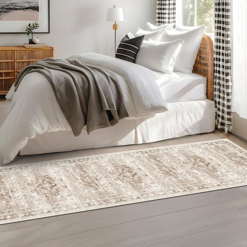 Boho 2x8 Long Runner Rug - Non-Slip Vintage Floral Design for Kitchen & Hallway | Washable Beige Latte