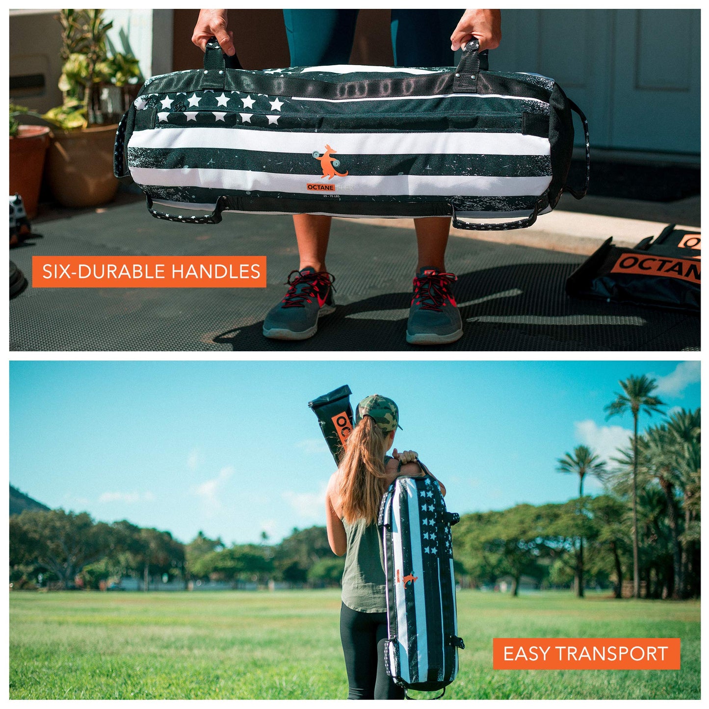 Octane Flex Adjustable Sandbags for Fitness 75lb - Home Workout Sandbag Set with 3 x Filler Bags and Exercise Poster - Training Weighted Sand Bag Equipment with Handles for Gym & Crossfit USA (75)