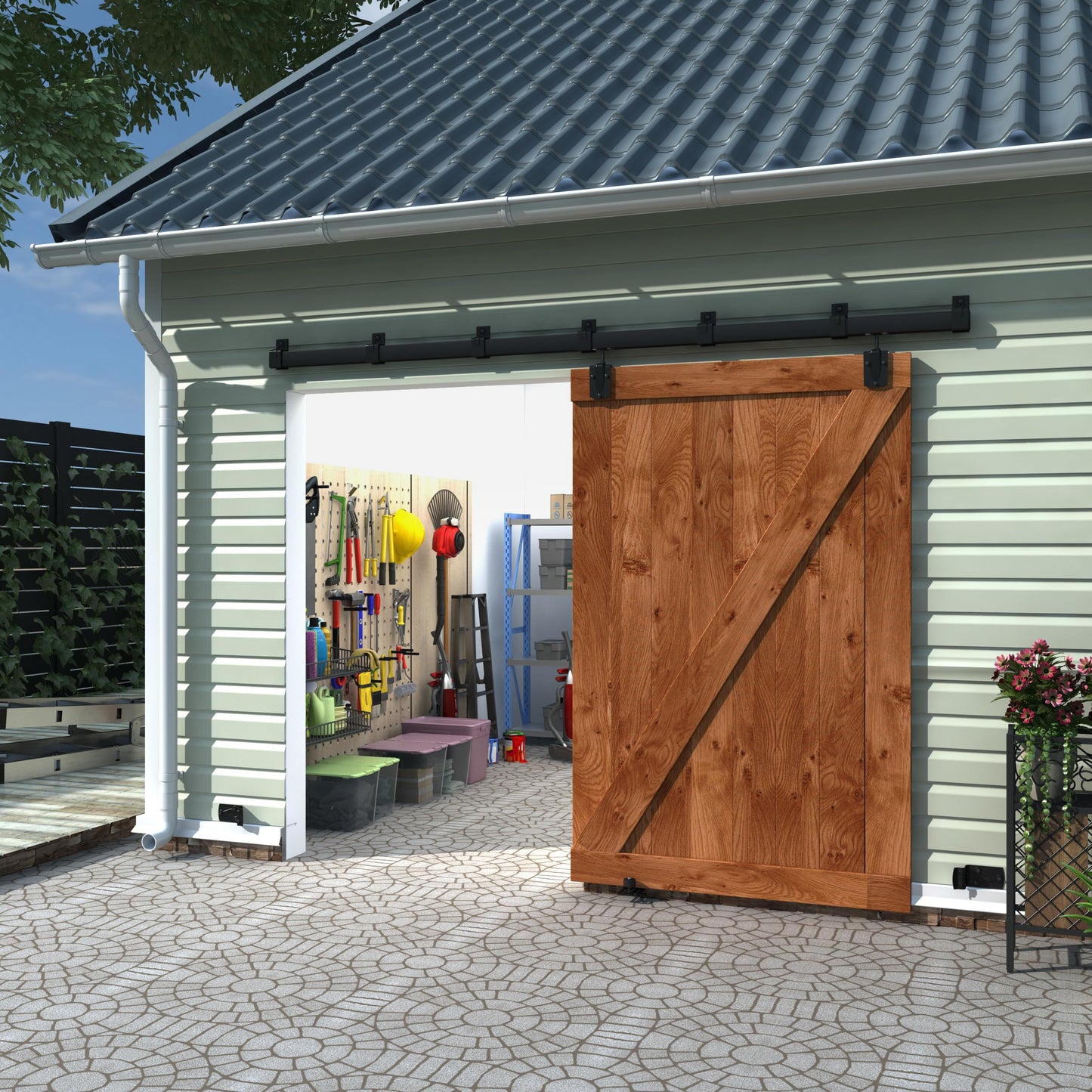 WEWORTH 9FT Black Box Rail Exterior Sliding Barn Door Hardware Track Kit, Heavy Duty Barn Door Track Set, Wall Mount Outdoor Weatherproof Single Barn Door Hardware with 5 Track Brackets(No Doors)