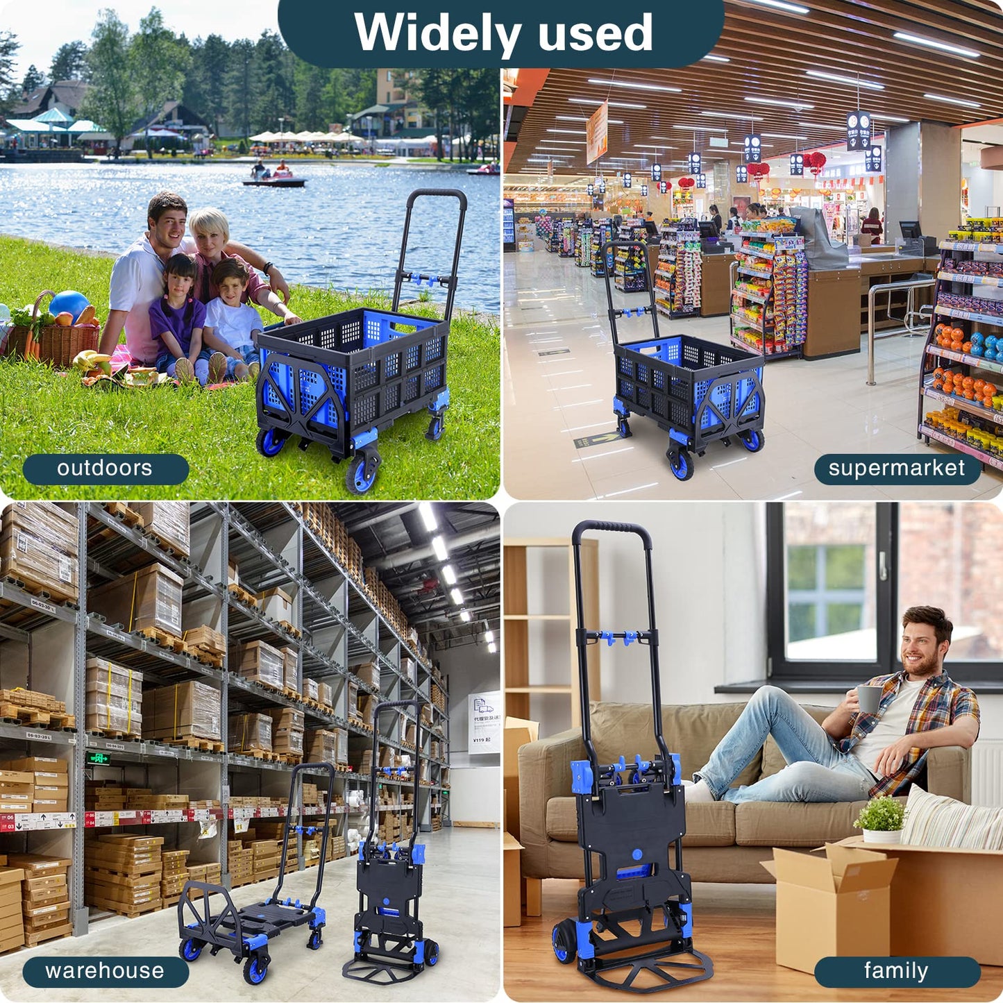 2-in-1Folding Hand Truck Dolly with Folding Basket, 330LBS Capacity Foldable Hand cart,Folding Dolly with Retractable Handle,Hand Truck Foldable with 4 Wheels for Moving