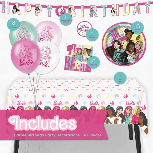 Barbie Birthday Party Decorations for Party | Serves 16 Guests | Balloons, Banner, Tablecloth, Plates, Napkins, Sticker | Officially Licensed