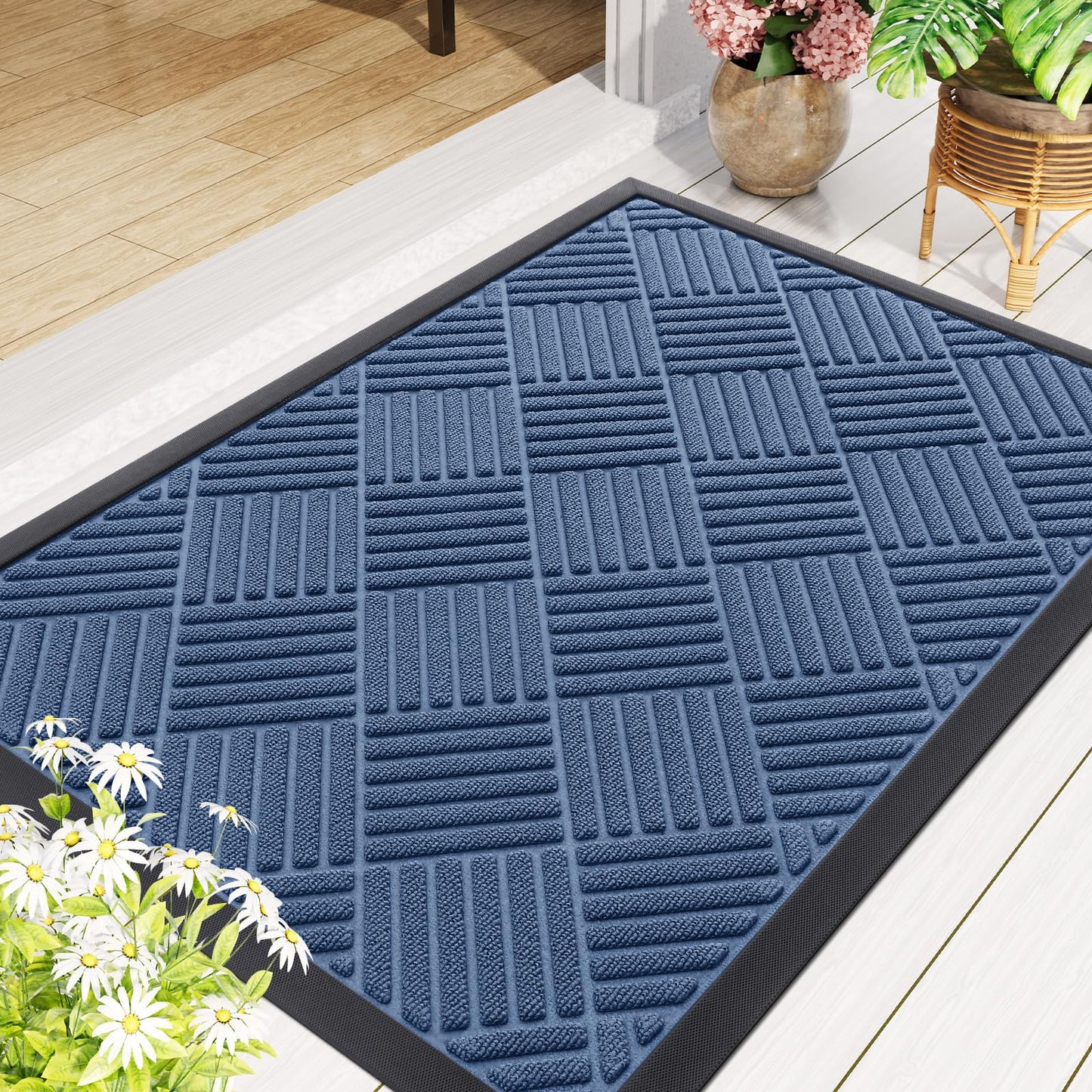 Smiry Front Door Mat Outside Entrance, Heavy Duty Outdoor Indoor Mat, Natural Rubber Doormat, Non Slip, Trap Dirt and Moisture, Easy Clean, Low Profile Patio Porch Entryway Mat, 59x35, Blue