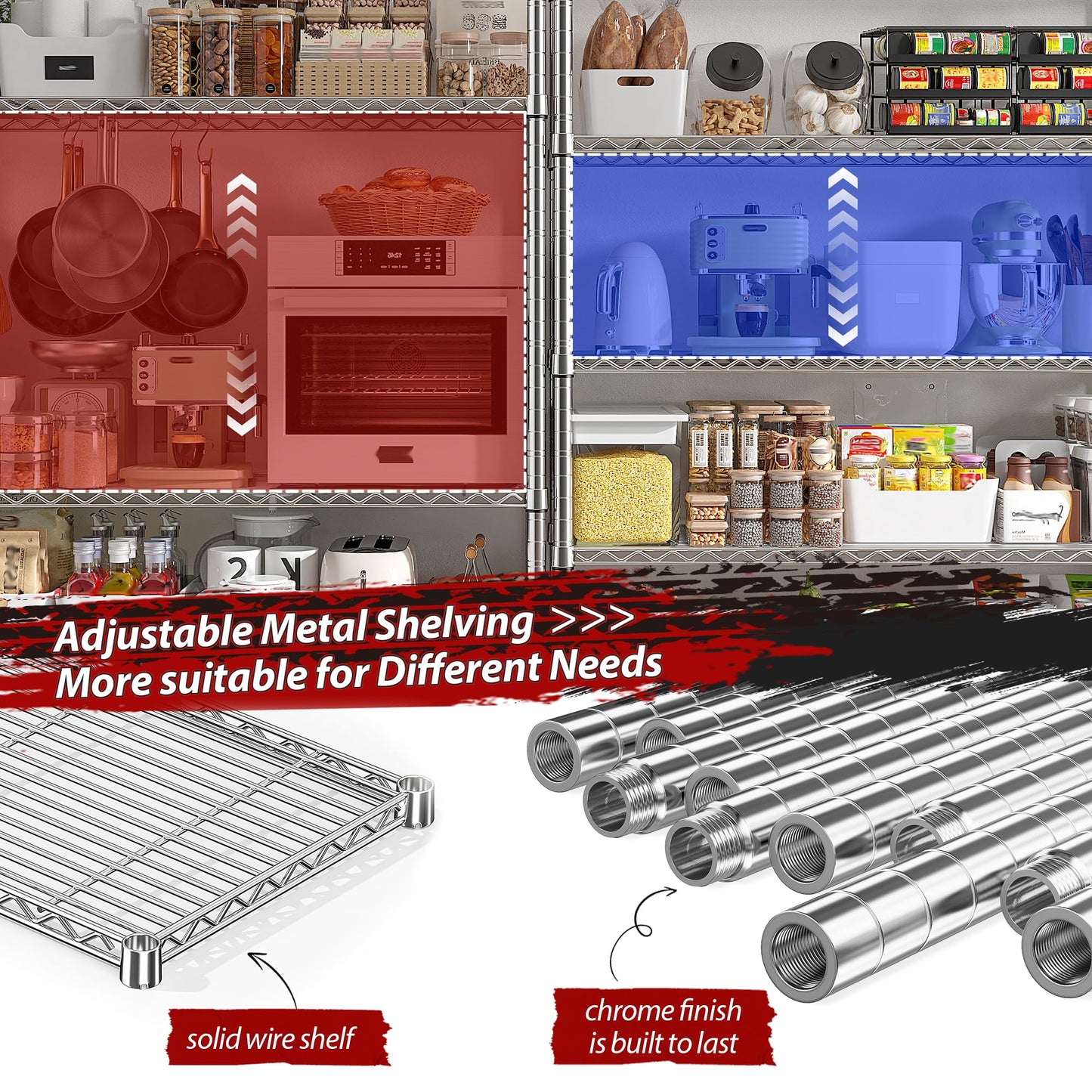 REIBII 1500LBS Storage Shelves 61.7''W Wire Shelving Unit 5 Tier Metal Shelving for Storage Rack Shelves Heavy Duty Garage Shelf Pantry Shelves Kitchen Shelving, 61.7" W*72.4" H*15.8" D, Chrome
