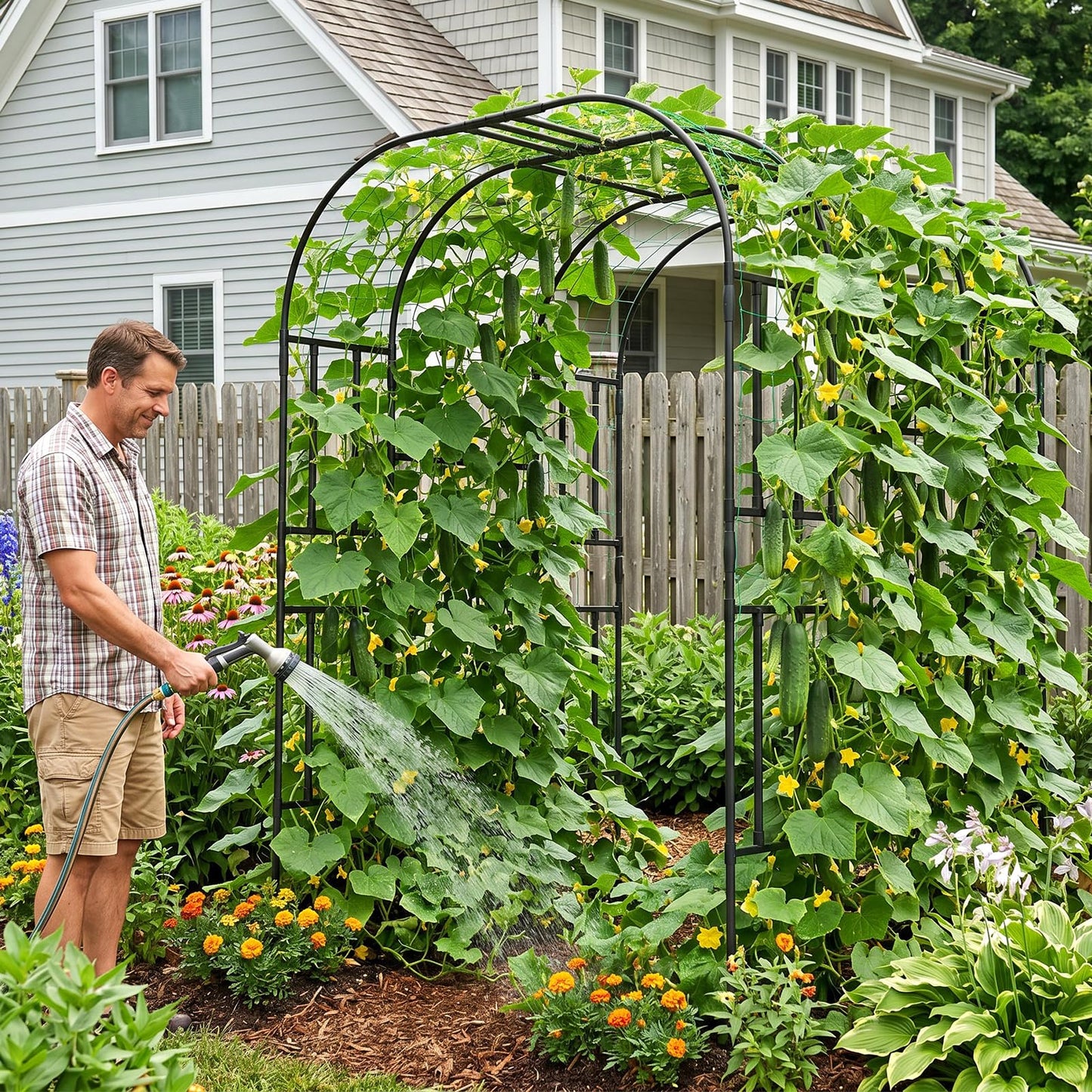 DoCred Large Garden Arch Trellis for Climbing Plants, 87 Inch Tall Metal Plant Support Trellis Archway for Climbing Vine Vegetable/Fruit/Flower Outdoor Yard Lawn Garden Arch Tunnel Trellis