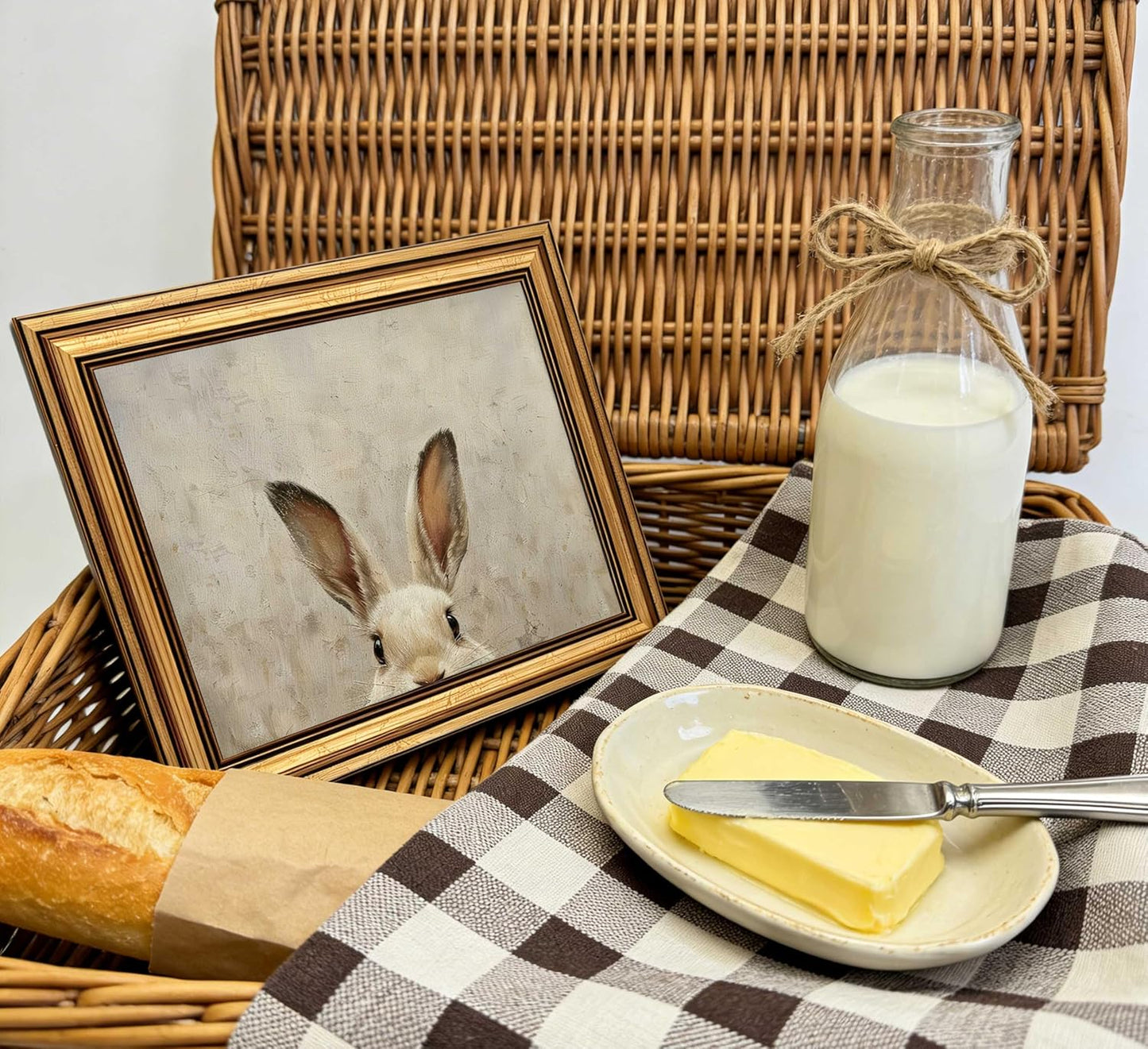 Regine Switzerland Vintage Gold Framed Bunny Canvas Wall Art - Rustic Rabbit Oil Painting 9x11in