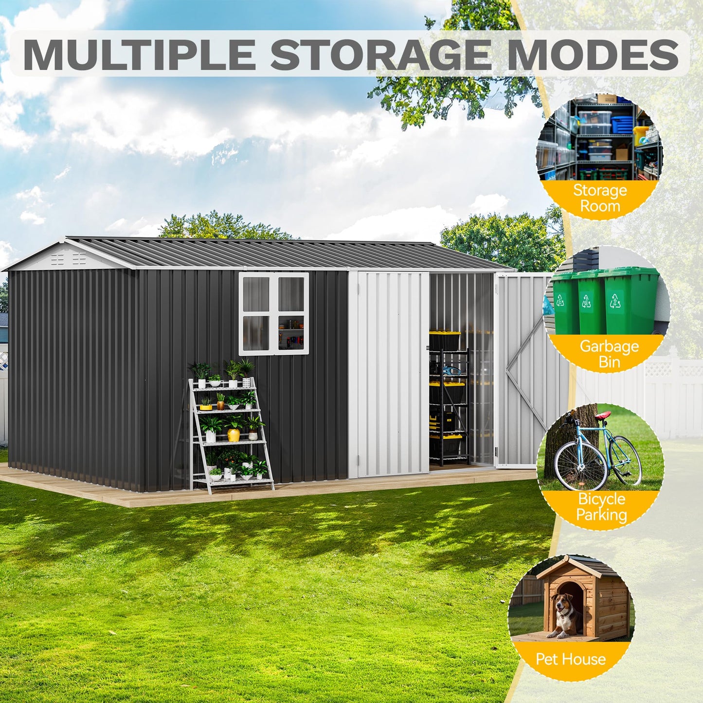 DWVO 12x8ft Large Tool Storage Shed with Window, Lockable Doors, and Sloped Roof, Oversized Steel Outdoor Storage Shed for Garden, Patio, Garage, Backyard, Lawn(Gray + White)