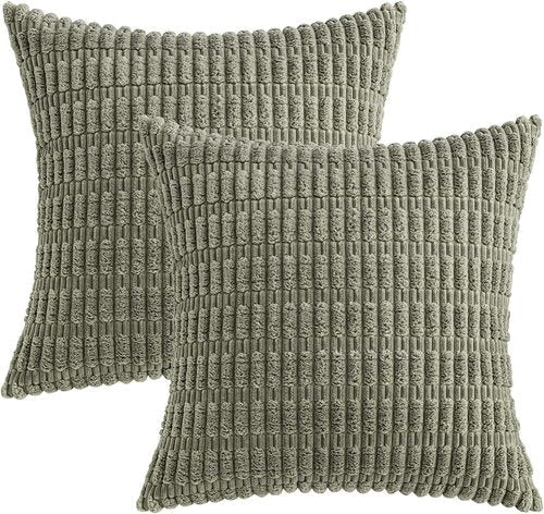 MIULEE Corduroy Throw Pillow Covers - Soft Boho Striped Design | 16x16 Inch Light Olive Green, Set of 2