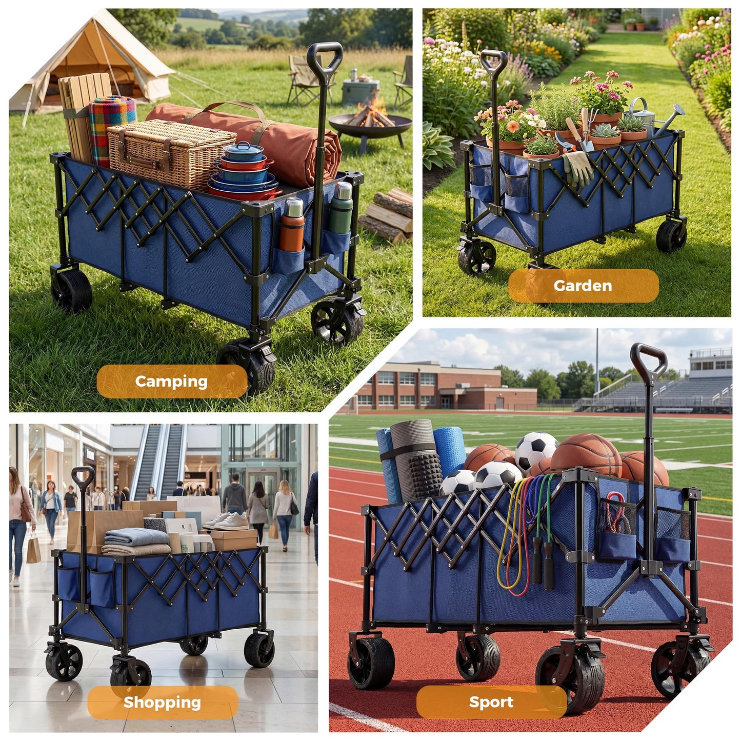 OLIXIS 49" Extra Long Folding Wagon Cart, 440LBS Heavy Duty Collapsible Wagon with Big All-Terrain Wheels, 250L Portable Outdoor Utility Cart for Shopping, Garden, Camping, Grocery, Sports - Blue