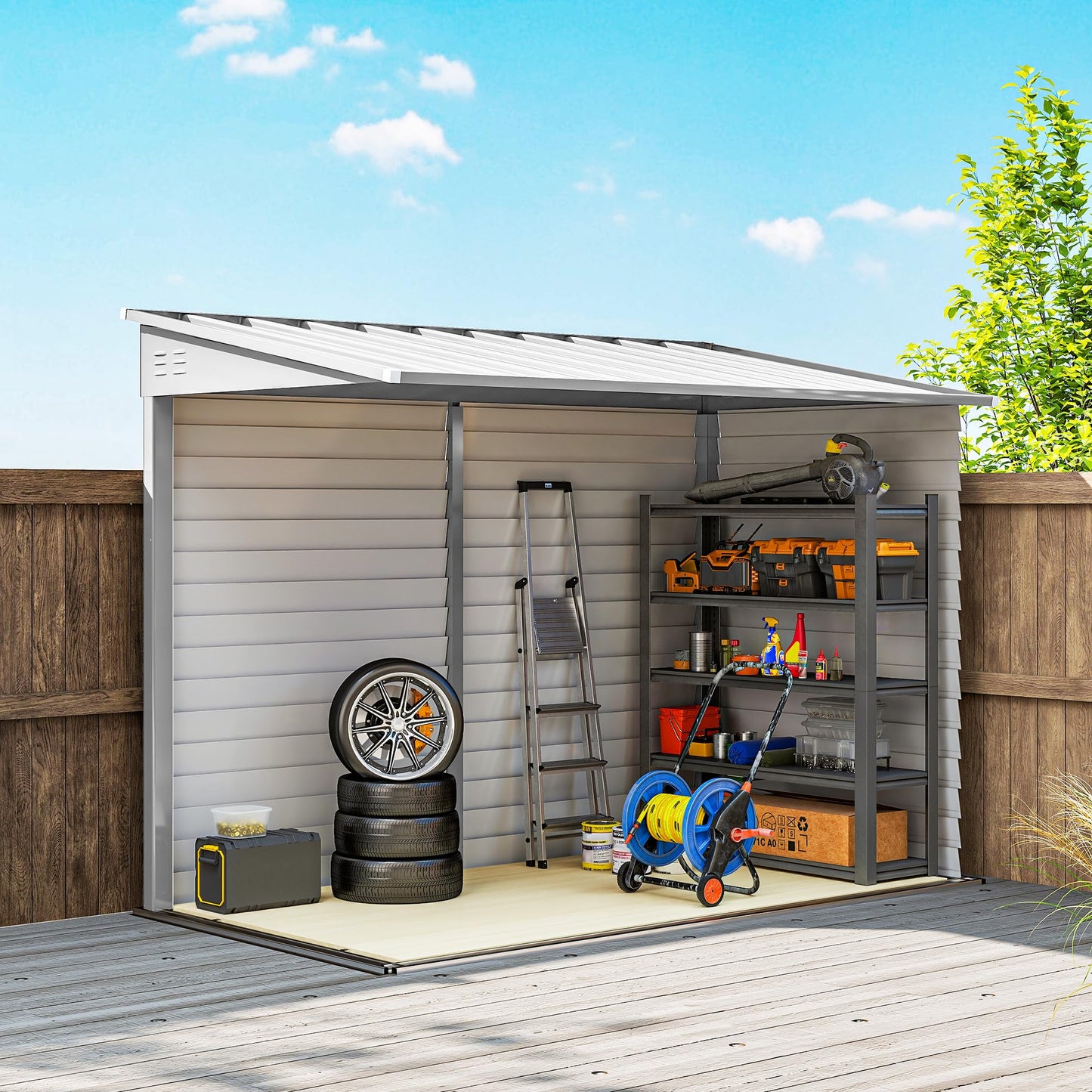 Outsunny 4.6' x 9' Steel Outdoor Storage Shed, Waterproof Lean to Shed, Metal Garden Tool House with Foundation Kit, Lockable Doors, Gloves and 2 Air Vents for Backyard, Patio, Lawn, White