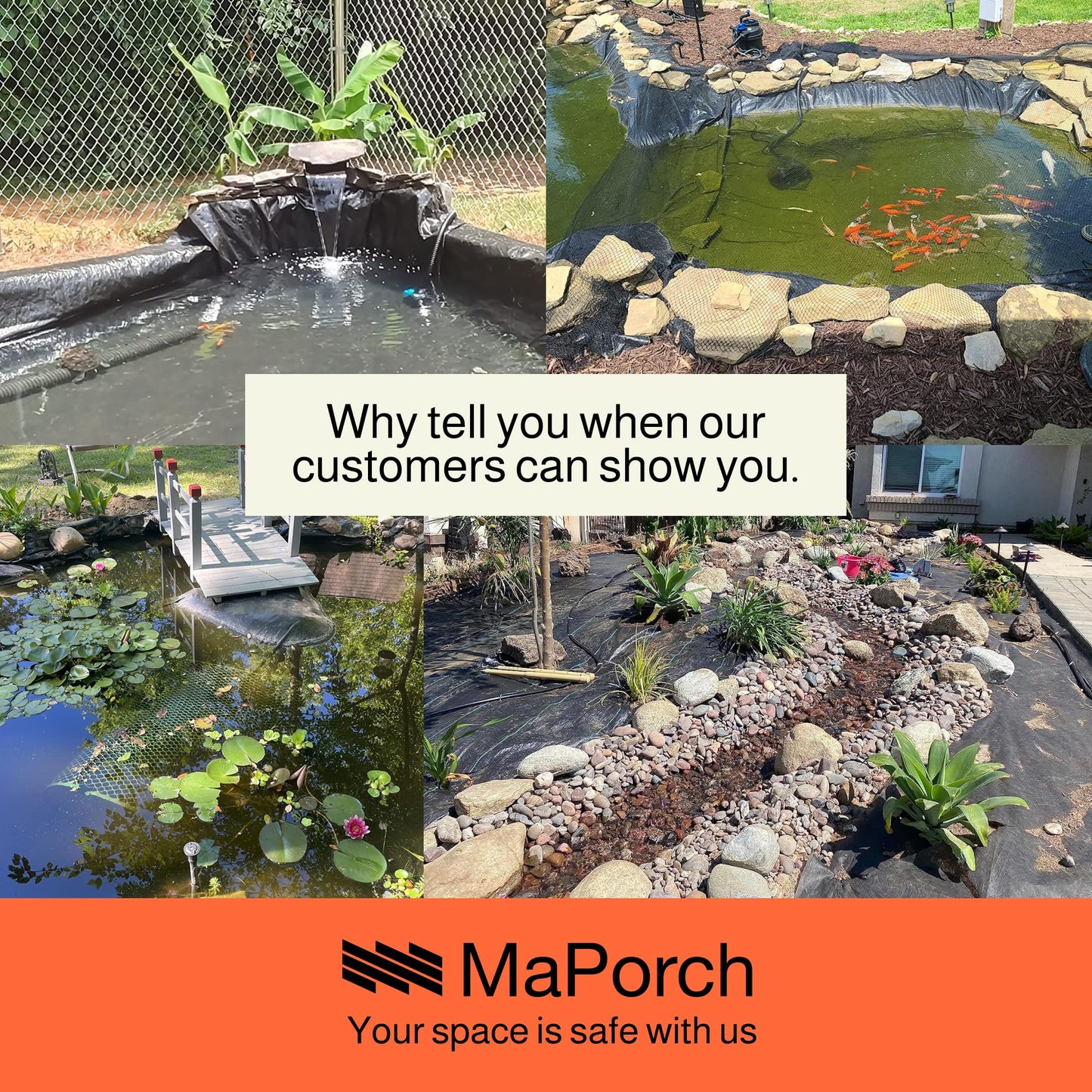 MAPORCH Pond Liner for Outdoor Ponds - Heavy Duty Koi Fish Pool Liner - 16.5 x 26.5 ft, HDPE 20 Mil - UV Resistant Waterproof Underlayment