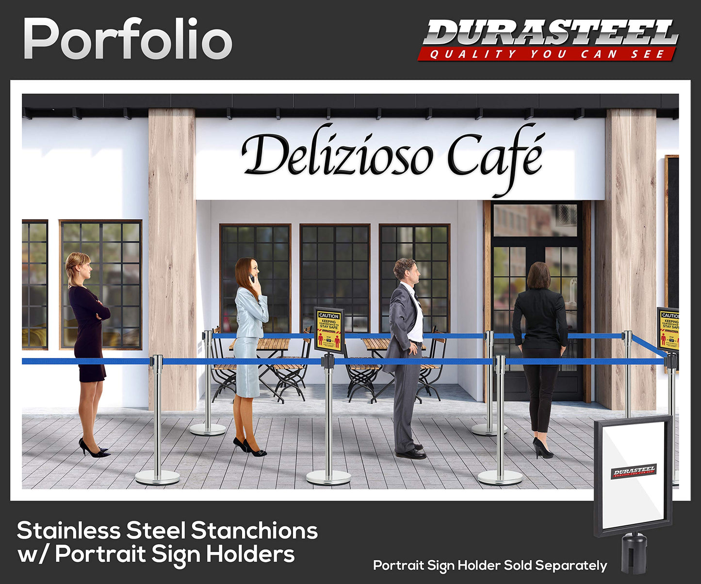 DuraSteel Crowd Control Barriers Line Dividers - Silver Stanchion Stainless Steel Posts with 6.5ft Blue Retractable Belt Ropes - for Store Queues, Airport Lines, Event Entries - 2 Set/Pack