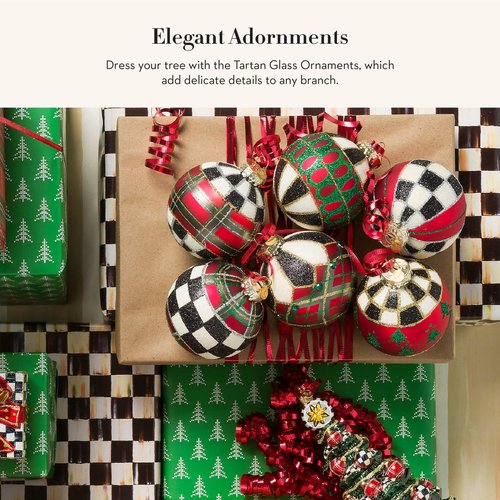 MACKENZIE-CHILDS Set of 6 Glass Ornaments, Christmas Tree Decorations Set, Tartan