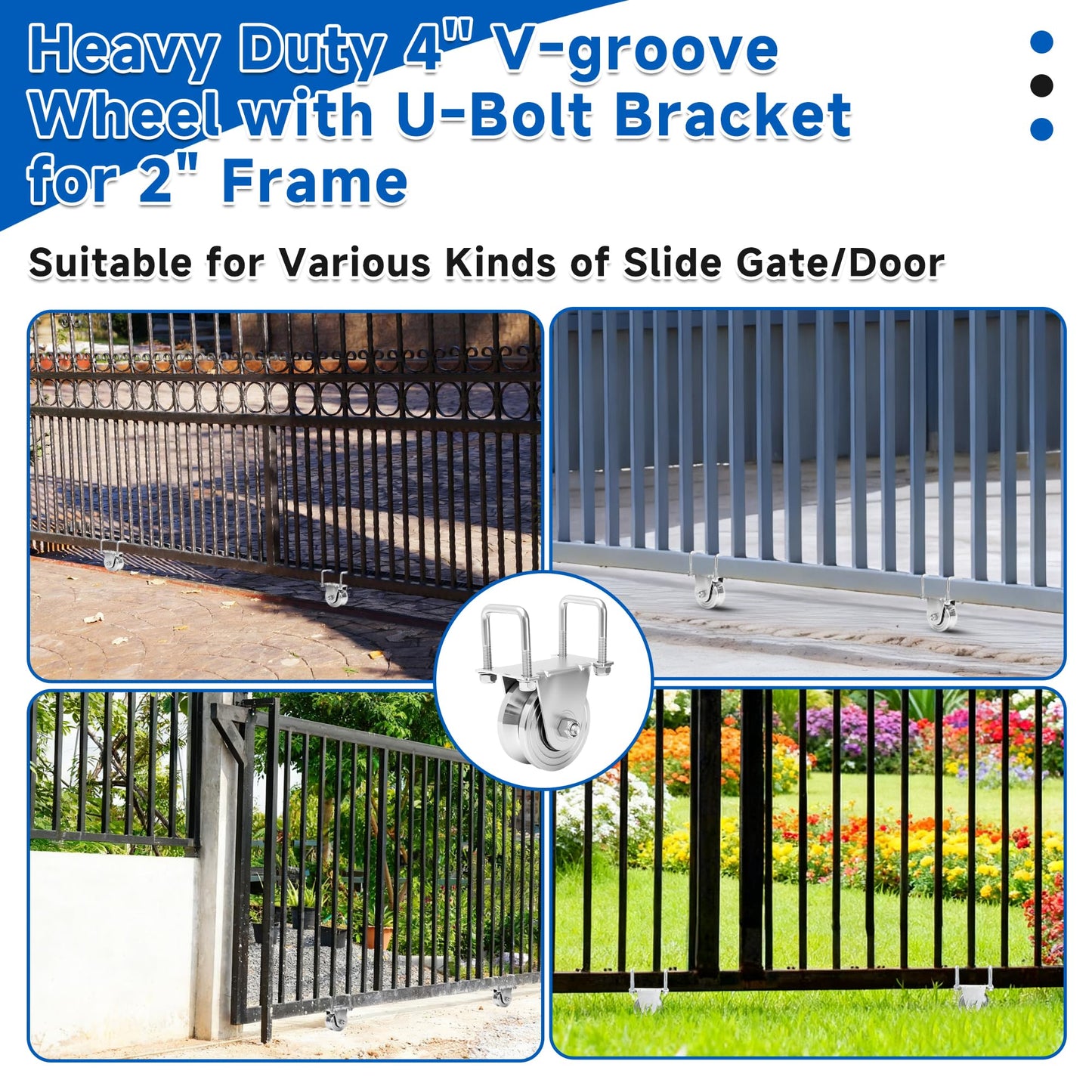 AIWFL 2 Pack 4" V-Groove Slide Rolling Gate Wheel Kit for 2" Thick Inverted Sliding Rolling Track Gates, No Welding-Heavy Duty Steel Dual Bearing Bolted External Mount Bracket,Loading 3000lbs