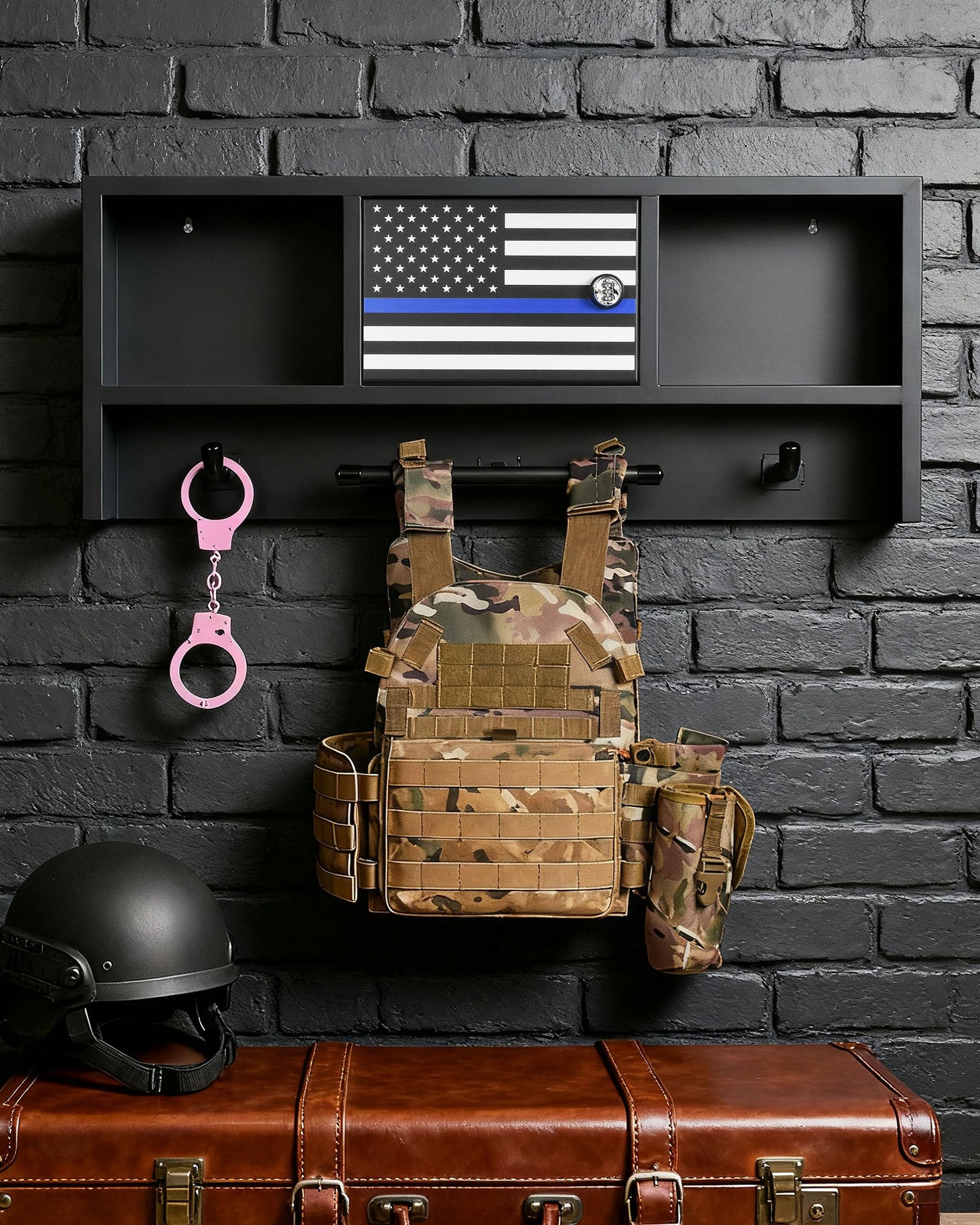 AUFUNIU Police Gear Organizer Rack - Heavy Duty Metal Tactical Equipment Storage Stand with Lock, Wall Mount Hooks for Body Armor Vest, Duty Belt & Helmet (Law Enforcement/Military)