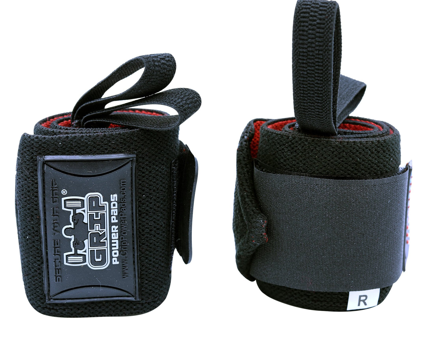 Grip Power Pads Deluxe Wrist Wraps 13" Long (1 Pair /2 Wraps) for Weight Lifting Wrist Support Cotton Wraps Gym Bandage Straps for Men & Women - Premium Quality & PRO Rubber (Black/Red, 18" Inches)