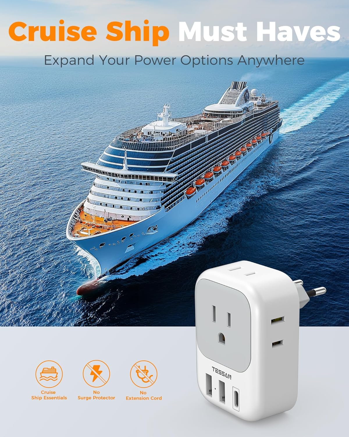 TESSAN 2 Pack 4 3 European Plug Adapter USB C, US to Europe Adapter Outlets USB Charger, Type C International Power