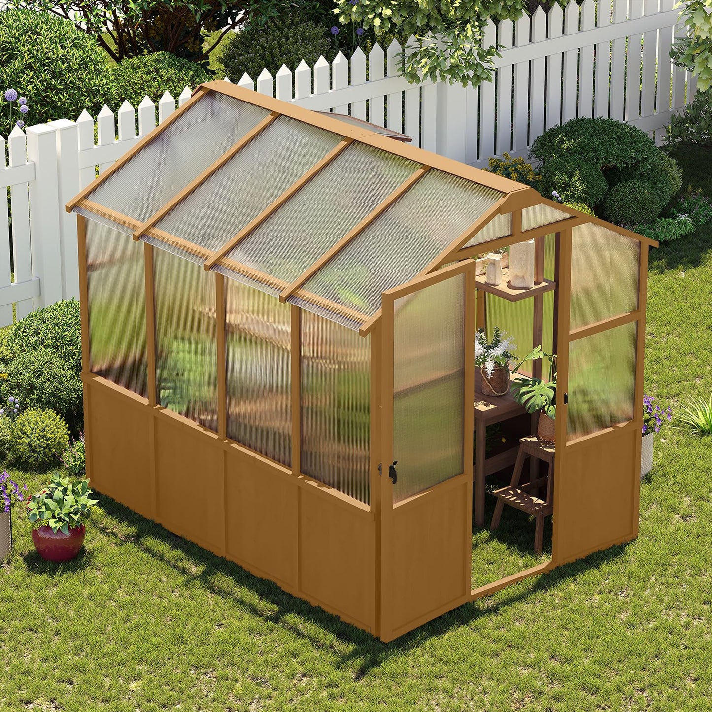 GDFStudio 6x8 FT Wooden Greenhouse for Outdoors, Walk-in Green House Kit with 6mm Polycarbonate Panels, Lockable Door, Adjustable Roof Vents, Outdoor Greenhouses for Garden Backyard Patio Lawn, Wood