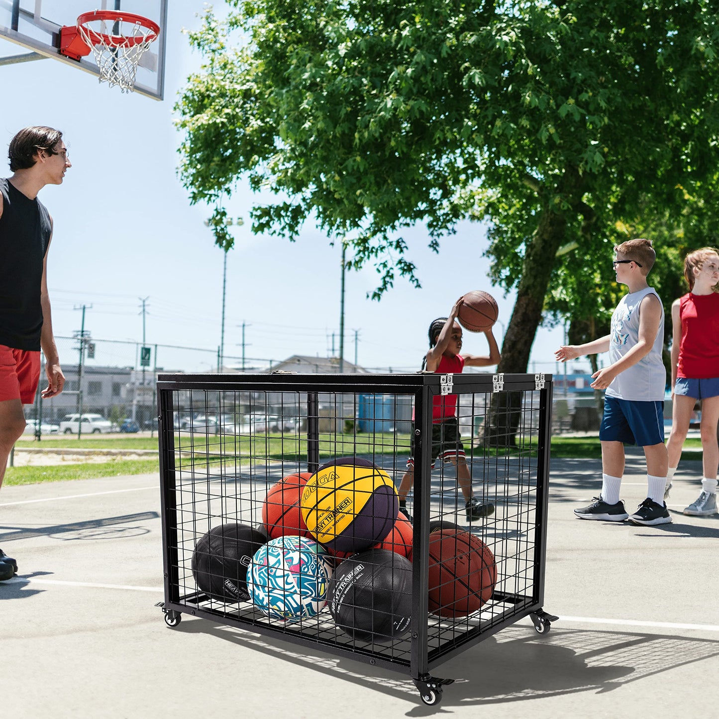 Ball Cart Garage Sports Equipment Organizer with Lockable Lid, Basketball Storage Bin for Indoor Outdoor, Rolling Exercise Ball Cart Holder for Gym, School, Club