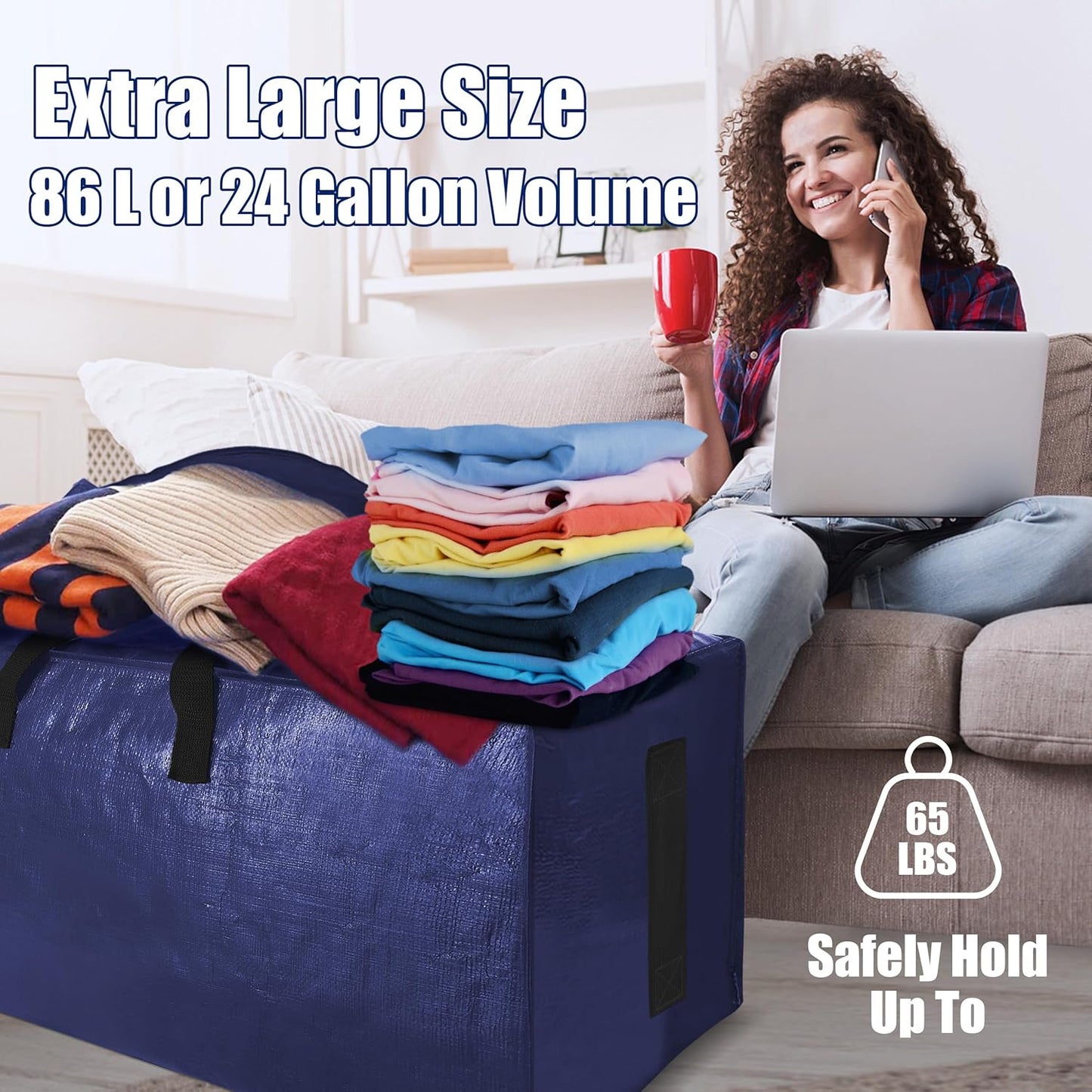 Sweet Dolphin Extra Large Moving Bags - Heavy Duty Storage Tote with Strong Zippers & Handles | Navy Blue, 6 Pack