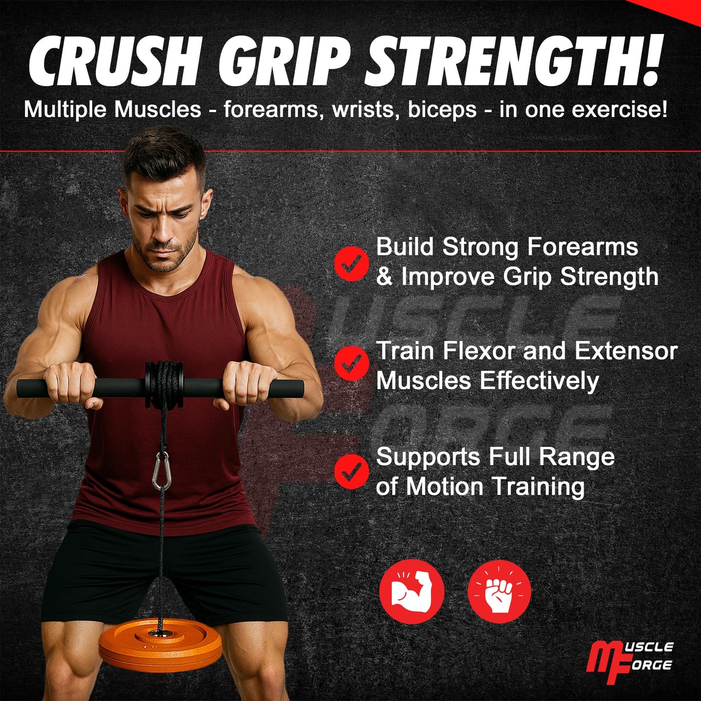 MuscleForge Wrist Roller & Forearm Strengthener, Forearm Exerciser Trainer for Men, Wrist and Grip Strengthener, Up to 130 LBS Load, Non-Slip Grip, 25mm/50mm Load Compatible Fore Arm Strength Trainer