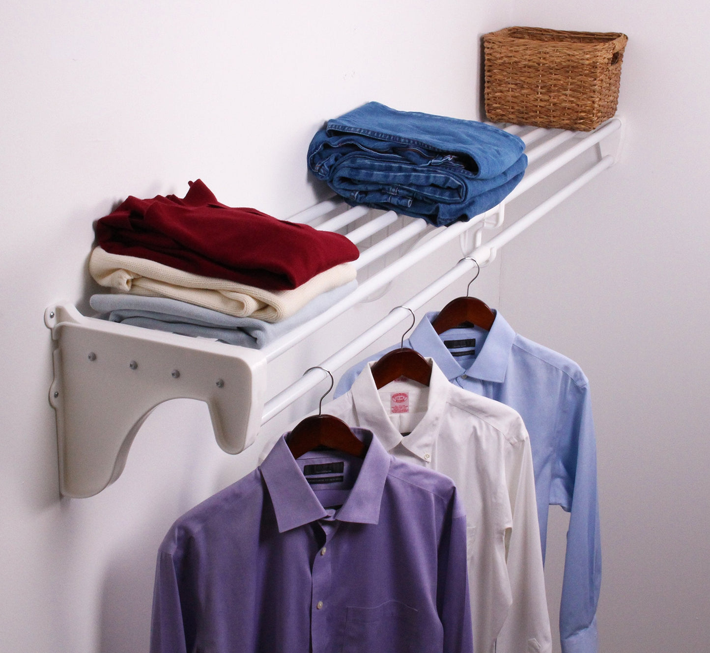 EZ SHELF - Closet Shelf with Hanging Rod - 29" to 49” Expandable, White, Closet Shelves - Strong, Holds 200 lbs - Easy Install - 1 Side Wall & Backwall with 1 End Bracket, Alternative to Wire Shelving