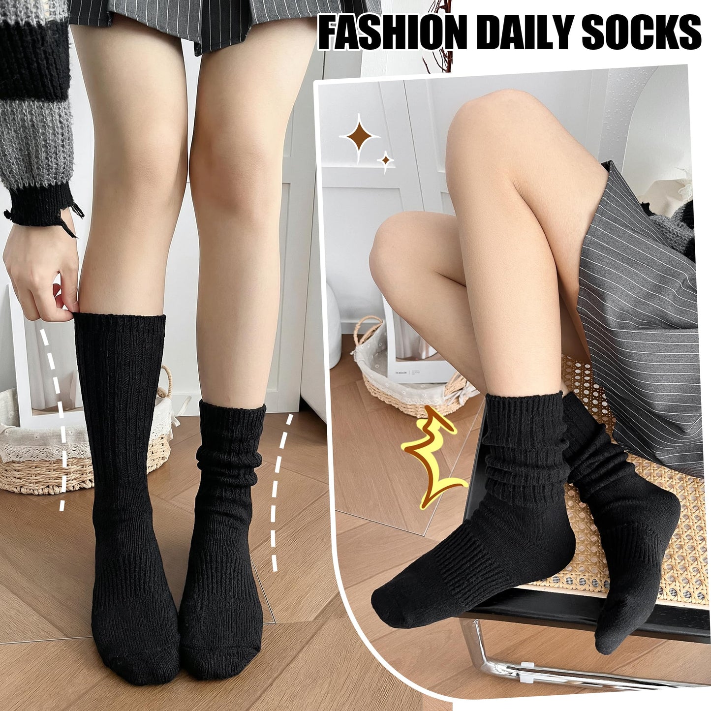 Sandsuced Womens Black Slouchy Boot Socks Winter Warm Cozy Slouch Scrunch Winter Fuzzy Fluffy Crew Socks 5 Pairs Gifts Stocking Stuffers(Black, M)