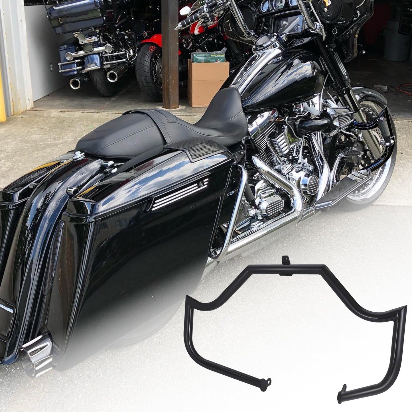 Mitered Sharp-Angled 1.25" Engine Guard fits Harley Touring 2009–2023 – Aggressive Highway Crash Bar for Street Glide FLHX, Road King FLHR, Road Glide FLTR – Black – Replaces OEM 49442-10A, 49050-09A