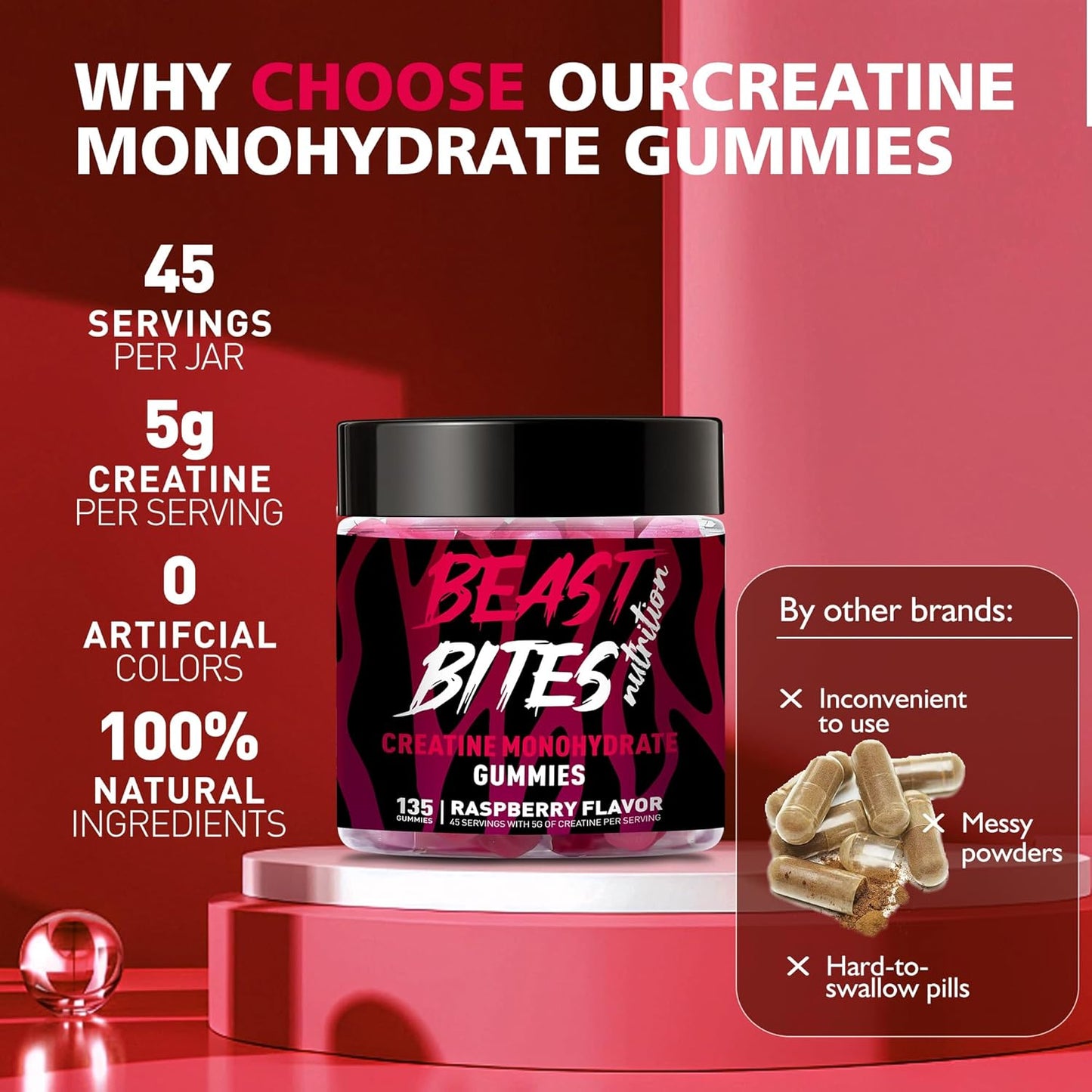 Creatine Monohydrate Gummies for Men & Women - 5g of Creatine Monohydrate per Serving - Sugar Free,Vegan, Raspberry Flavor, 135 Count (45 Servings).