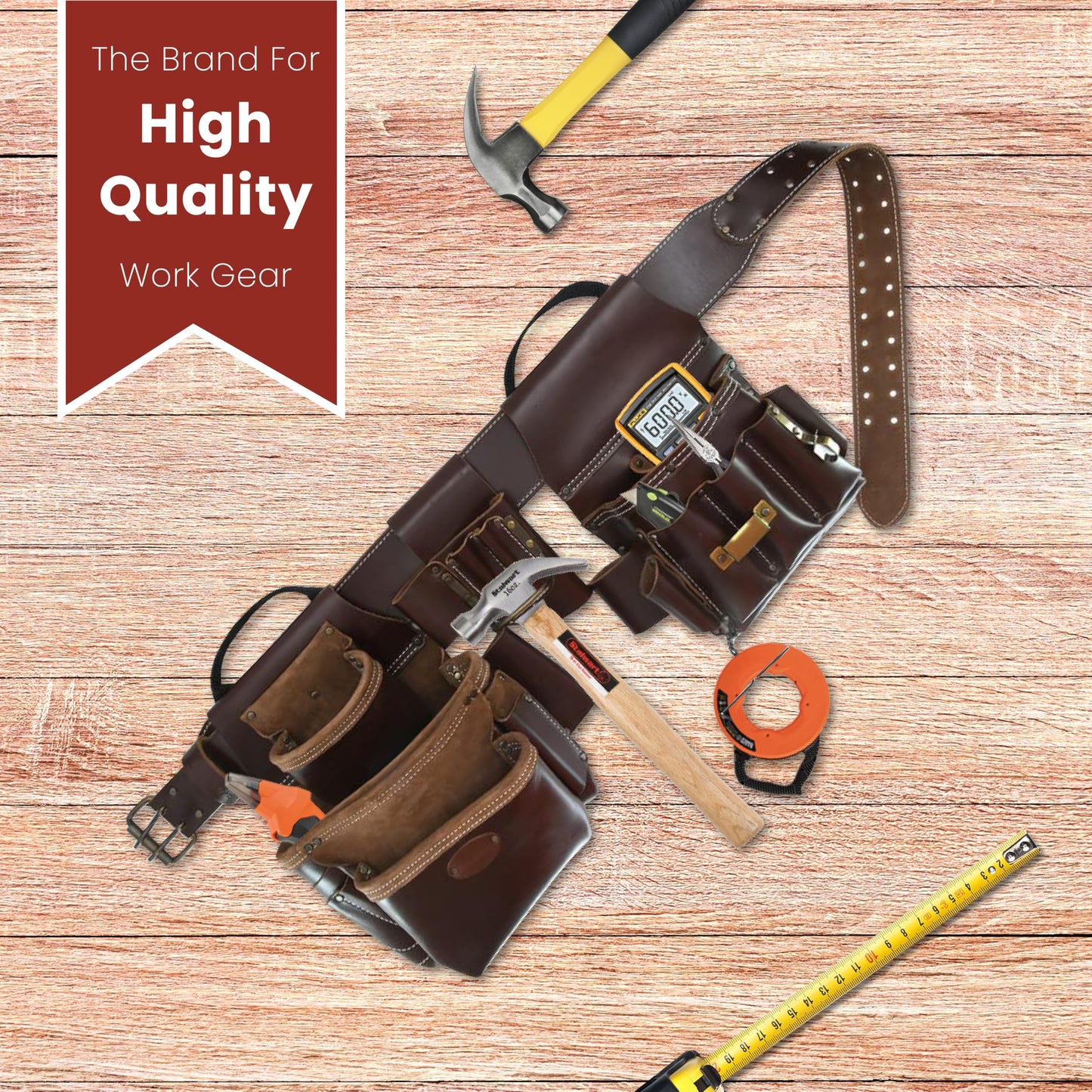 Style n Craft 4-Piece and 22-Pocket Electrician’s Combo, Tool Belt with 2 Tool Pouches and a 4-Pocket Multi-Tool Holder, Full-Grain Leather Electrician Tool Belt, Dark Tan (98464)
