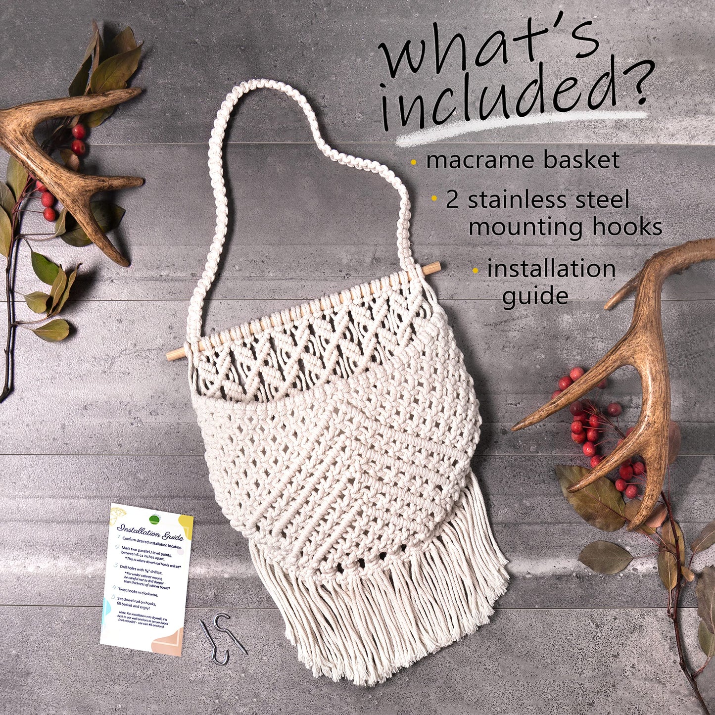 Macrame Fruit Basket, Vegetable and Fruit Hammock for Kitchen Under Cabinet - Hanging Wall Decor, Boho Baskets for Storage, Counter Space Saver - Cotton, Off White