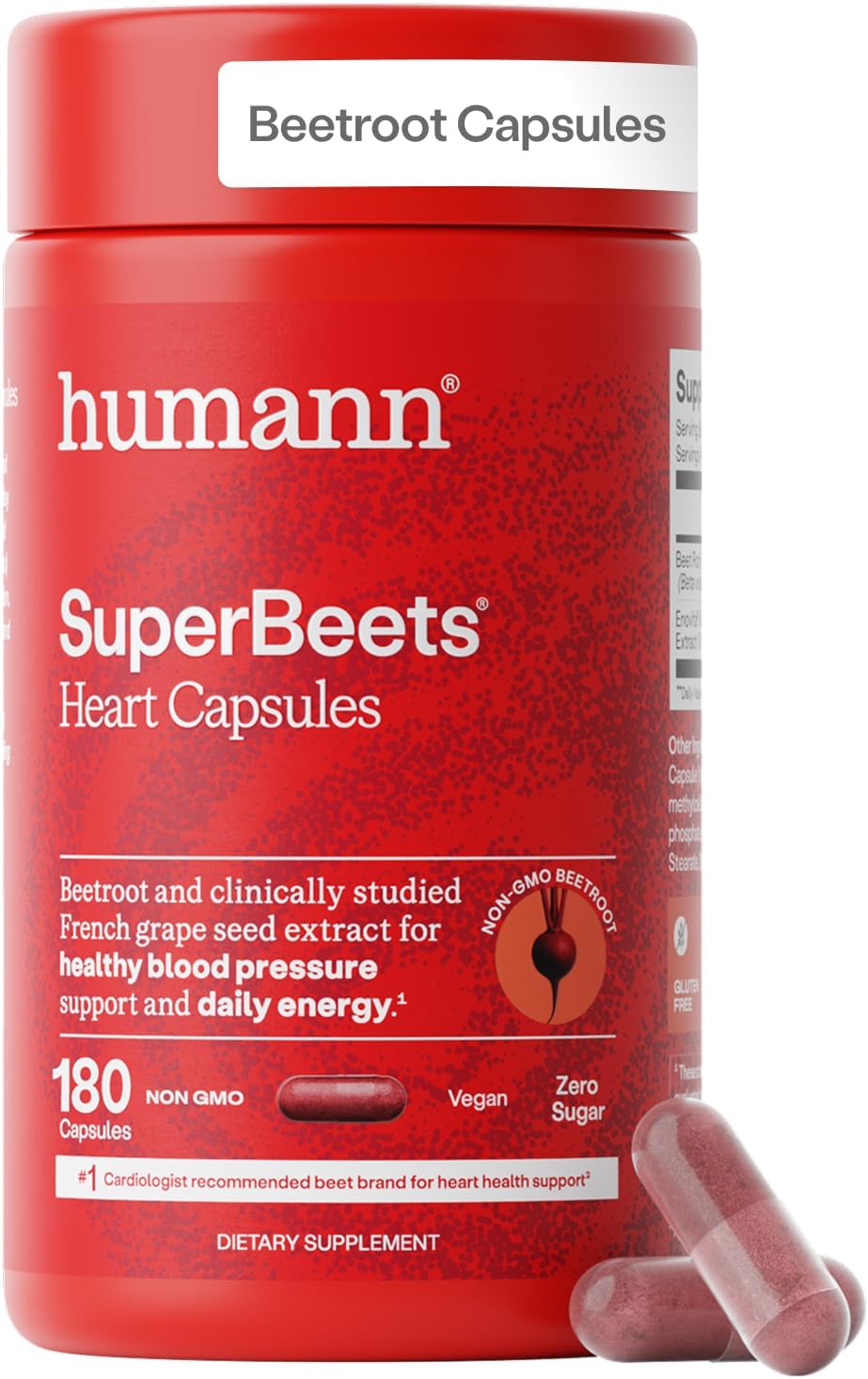 HumanN SuperBeets Beet Root Capsules Quick Release 1000mg, Helps Support Nitric Oxide Production, Blood Pressure, Heart Health, Contains Non-GMO Beetroot Powder, Studied Antioxidants 180 Count