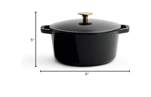 Milo by Kana 3.5-quart Enameled Cast Iron Dutch Oven with Lid | Premium Casserole Cooking Pot | Enamel Coating Inside and Out | Oven Safe and Dishwasher Friendly (Gloss Black with Gold Knob)