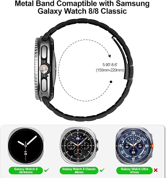 Compatible with Samsung Galaxy Watch 8 Band 40mm 44mm Galaxy Watch 8 Classic 46mm 2025, No Gap Business Stainless Steel Metal Band Strap for Galaxy Watch 8 Men Women
