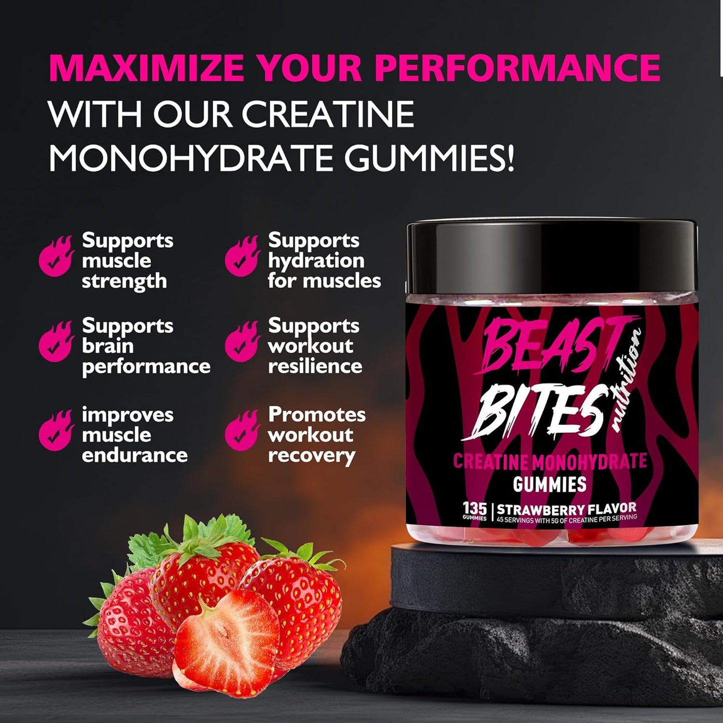 Creatine Monohydrate Gummies for Men & Women - 5g of Creatine Monohydrate per Serving - Sugar Free,Vegan, Strawberry Flavor, 135 Count (45 Servings).