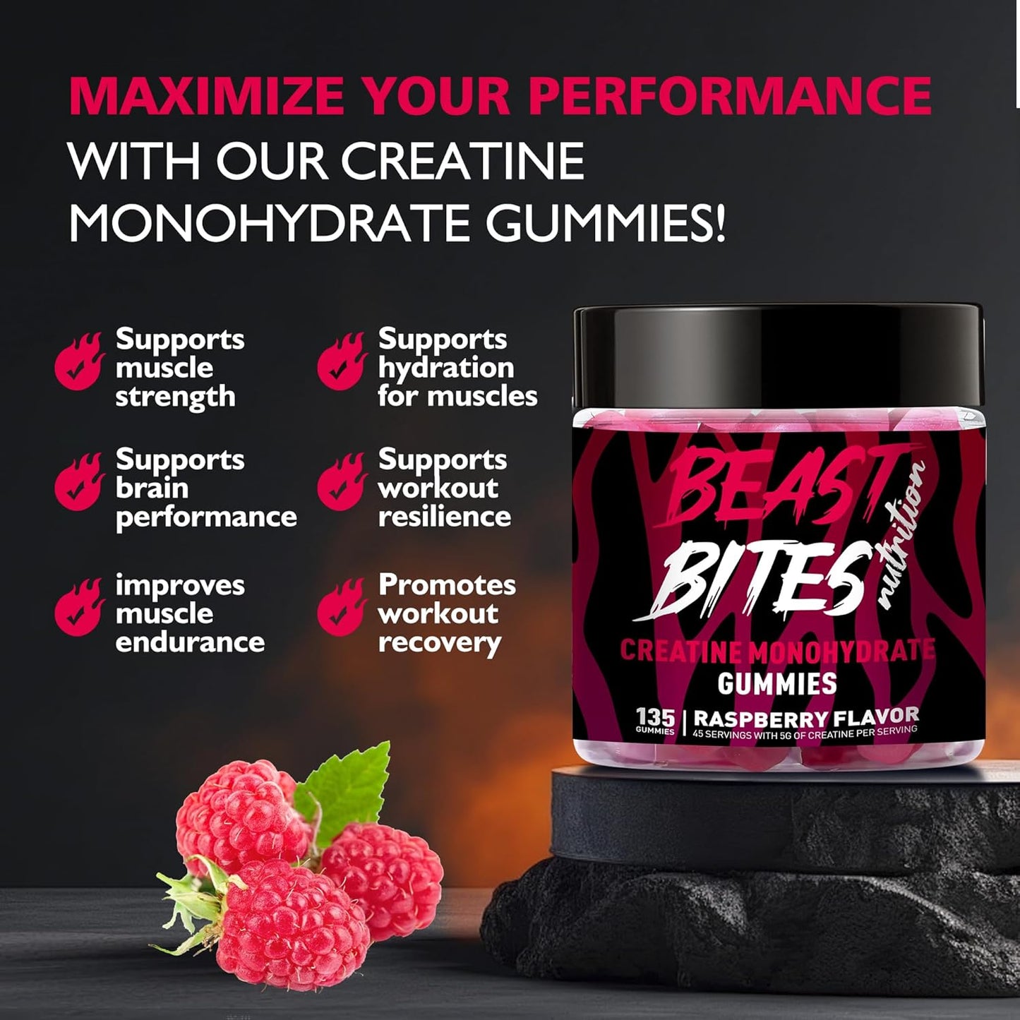 Creatine Monohydrate Gummies for Men & Women - 5g of Creatine Monohydrate per Serving - Sugar Free,Vegan, Raspberry Flavor, 135 Count (45 Servings).