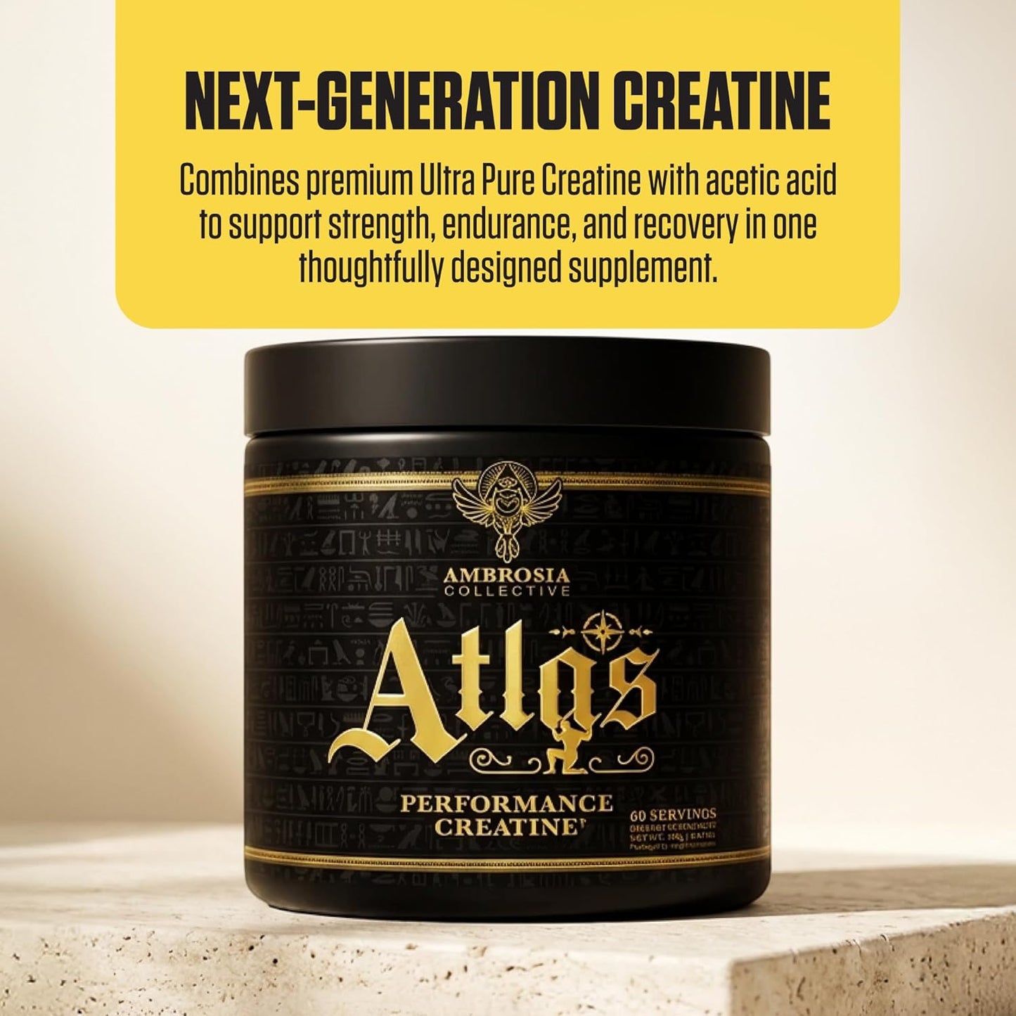 Ambrosia Atlas Creatine Monohydrate Powder | Creapure + Acetic Acid for Enhanced Absorption | Strength, Endurance & Recovery Support | Unflavored | 60 Servings