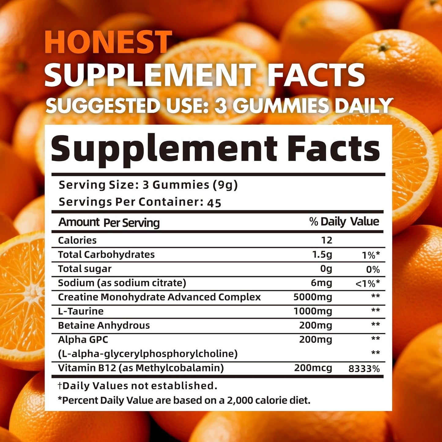 Creatine Monohydrate Gummies for Men & Women - 5g of Creatine Monohydrate per Serving - Sugar Free,Vegan, Orange Flavor, 135 Count (45 Servings).