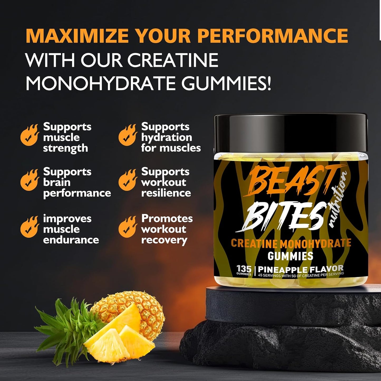 Creatine Monohydrate Gummies for Men & Women - 5g of Creatine Monohydrate per Serving - Sugar Free,Vegan, Pineapple Flavor, 135 Count (45 Servings)