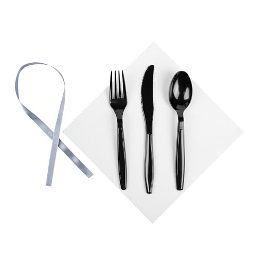 Restaurantware-7.3 Inch x 2 Inch Plastic Cutlery Sets, 100 Plastic Flatware Sets - Silver Ribbon, With White Napkin, Indivudally Wrapped, Black Plastic Disposable Cutlery Sets, For Weddings And Events