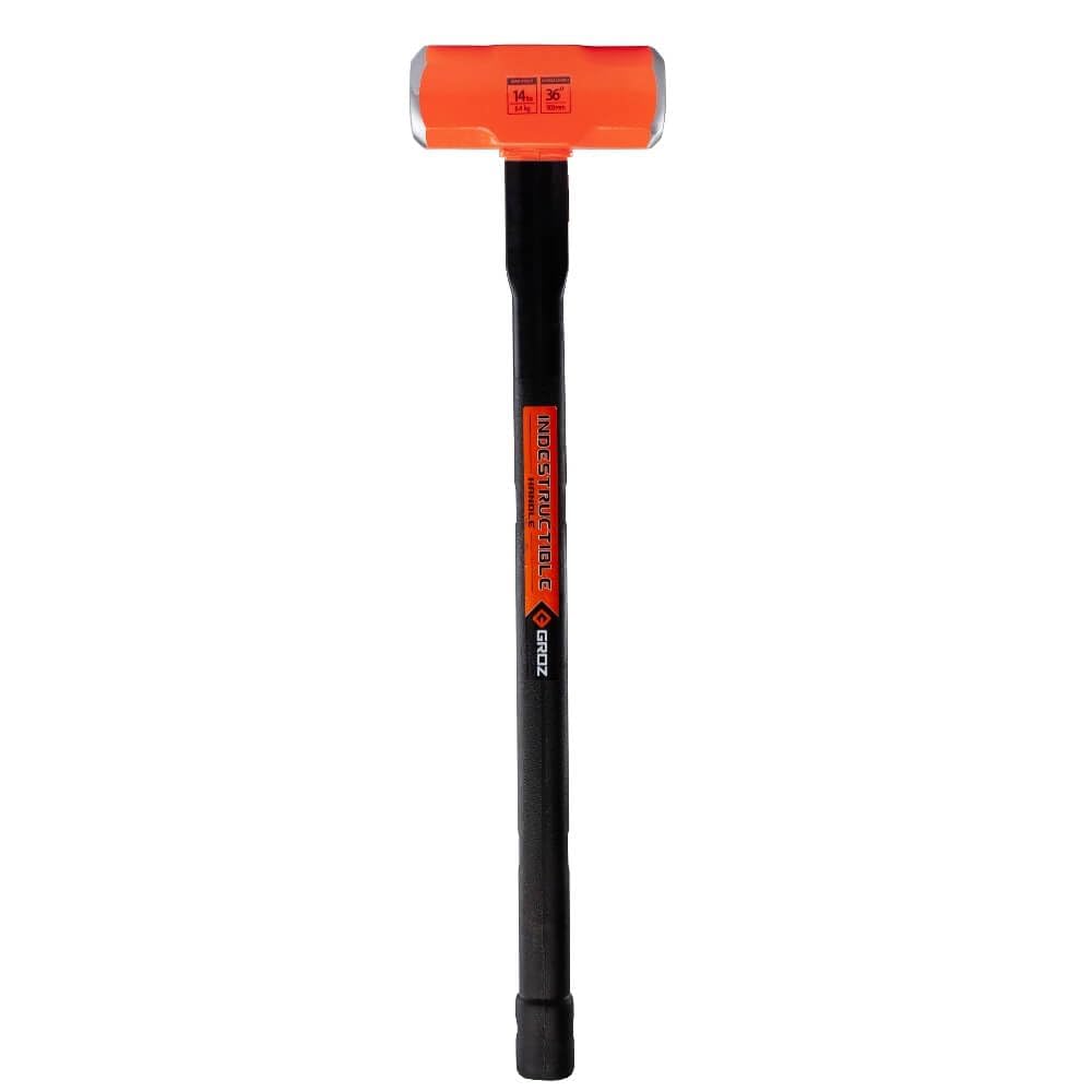 Groz Heavy Duty Sledge Hammer, 14 lb Forged Induction-Hardened Head 50-58 HRC, 36" Indestructible Handle with 6 Spring Steel Bars, BS 876 / SANS 387 / ANSI, Demolition & Stake Driving (34520)