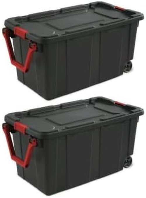 Industrial 40 Gallon Wheeled Tote - Durable Plastic Storage Bin Set of 2 | Black