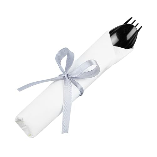 Restaurantware-7.3 Inch x 2 Inch Plastic Cutlery Sets, 100 Plastic Flatware Sets - Silver Ribbon, With White Napkin, Indivudally Wrapped, Black Plastic Disposable Cutlery Sets, For Weddings And Events